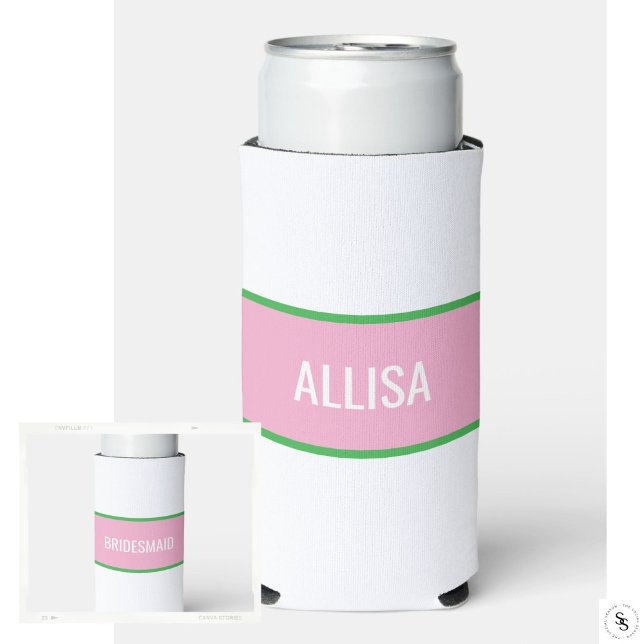 Pink and Green Preppy Stripe Bridesmaid Seltzer Can Cooler (Light Pink + Green Seltzer Can Cooler)