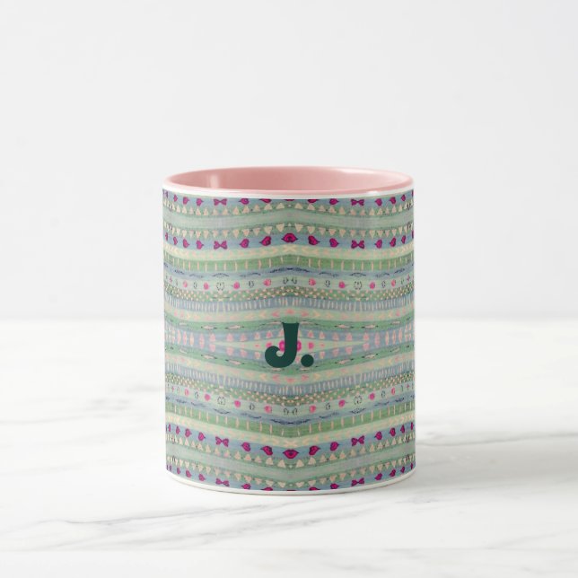 Pink and Green Pretty Hearts Pattern and a letter Mug (Center)
