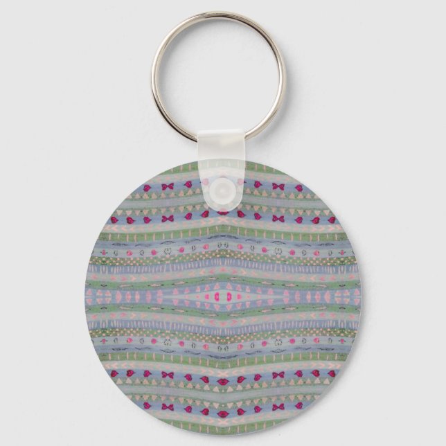 Pink and Green Pretty Hearts Pattern Key Ring (Front)