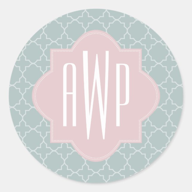 Pink and Green Quatrefoil Monogram Classic Round Sticker (Front)
