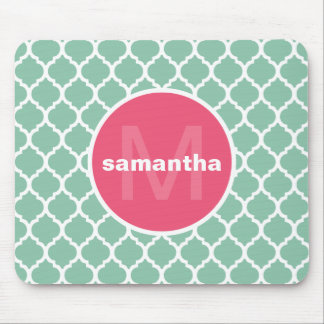 Pink and Green Quatrefoil Monogram Mouse Pad