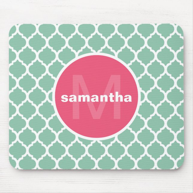 Pink and Green Quatrefoil Monogram Mouse Pad (Front)