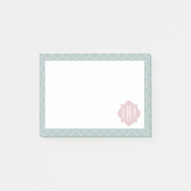 Pink and Green Quatrefoil Monogram Post-it Notes (Front)