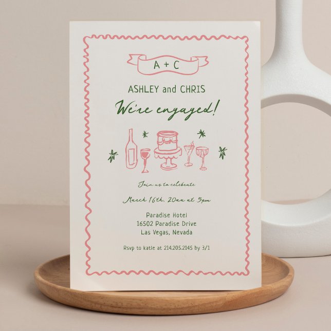 Pink and Green Quirky Hand Drawn Engagement Party Invitation (Creator Uploaded)