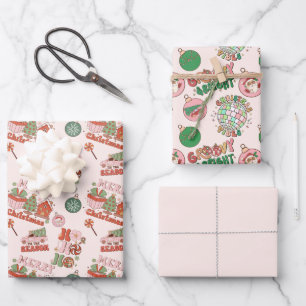 Pink and Green Retro Christmas  Wrapping Paper Sheet