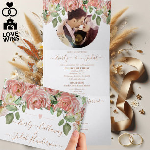 Pink and Green Rose Boho Floral Wedding Tri-Fold Invitation