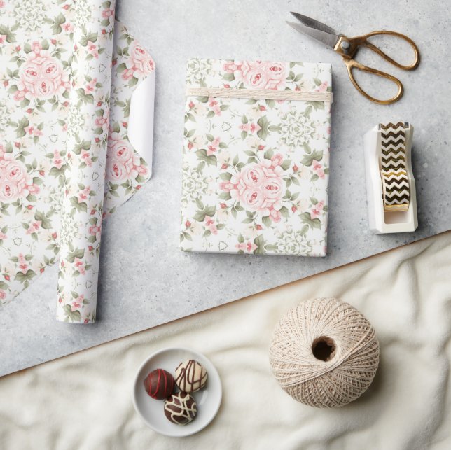 Pink and Green Rose Petals Cute All-over pattern Wrapping Paper (Crafts)