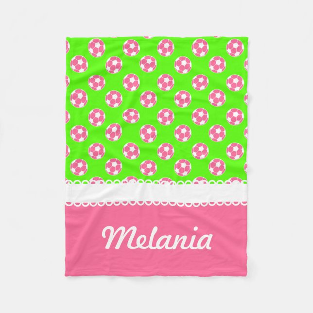 Pink and Green Soccer Balls Personalised Blanket (Front)