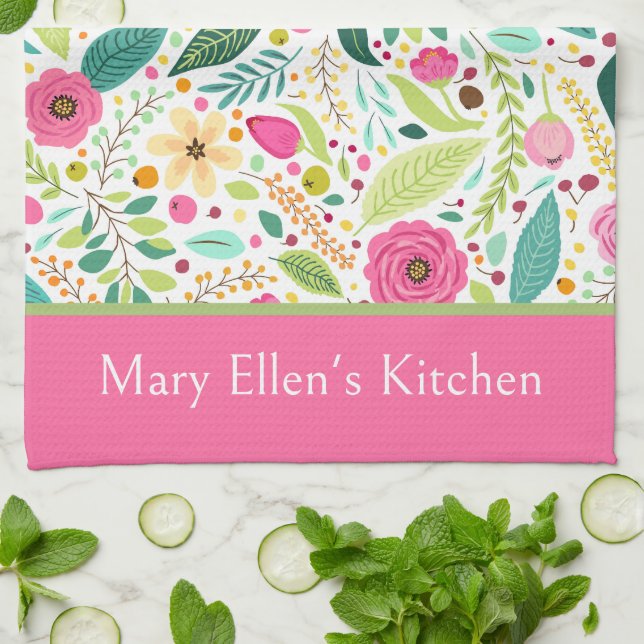 Pink and Green Spring Flowers Tea Towel (Folded)