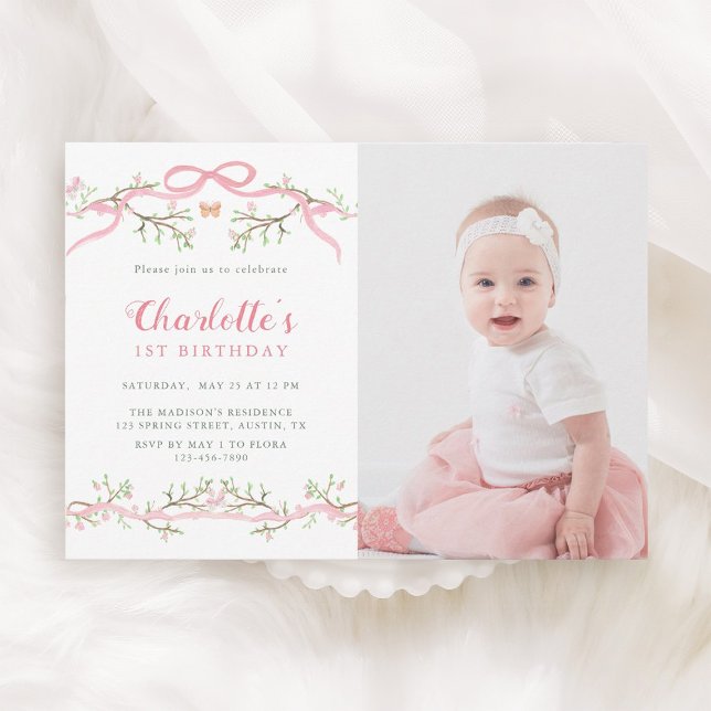 Pink and Green Spring Garden 1st Birthday Photo    Invitation (Creator Uploaded)