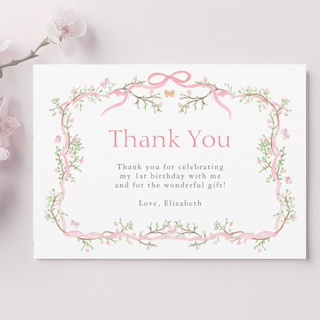 Pink and Green Spring Garden 1st Birthday Thank You Card (Creator Uploaded)
