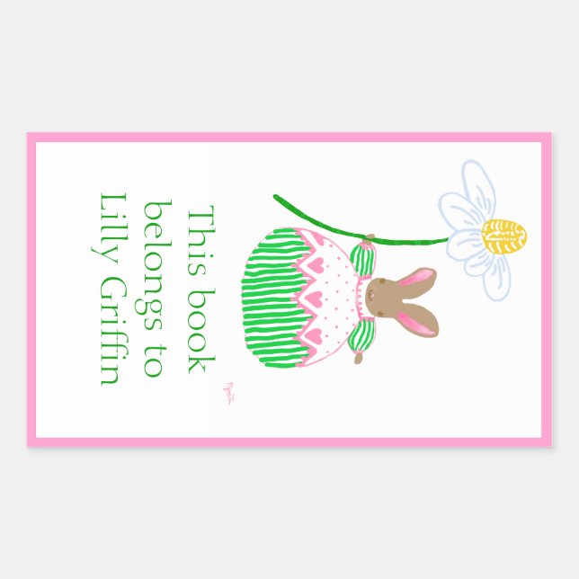 Pink and green stripe daisy bunny bookplate rectangular sticker (Front)