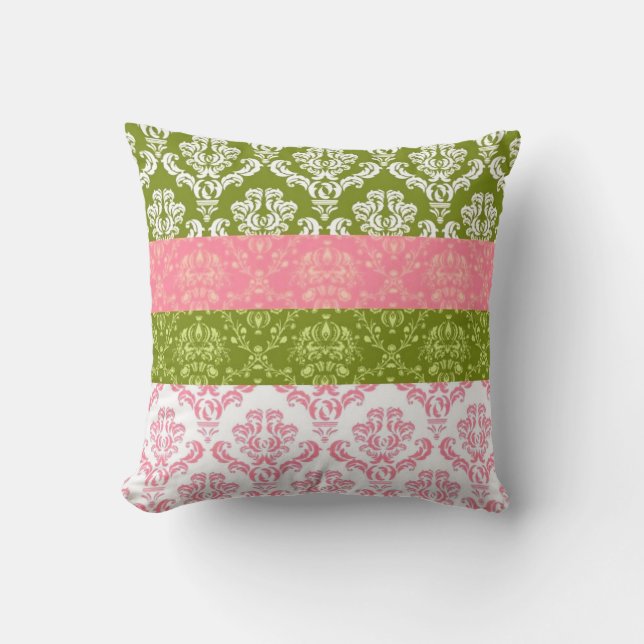Pink and Green Stripe Damask Cushion (Front)