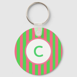 Pink and Green Stripe Monogram Keychain