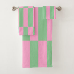 Pink and Green Striped Geometric Pattern Bath Towel Set