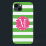 Pink and Green Stripes Custom Monogram iPhone 13 Case<br><div class="desc">Protect your iPad with this trendy and modern stripes pattern case. Write your first name initial on the template to personalise. You can change the green stripes colour by clicking the Customise it button - Edit Menu - Background.</div>