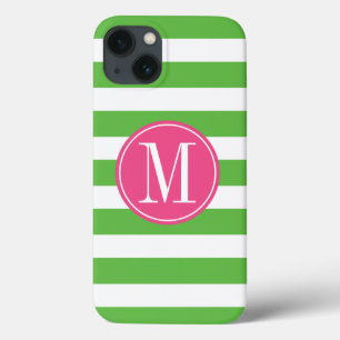 Pink and Green Stripes Custom Monogram iPhone 13 Case