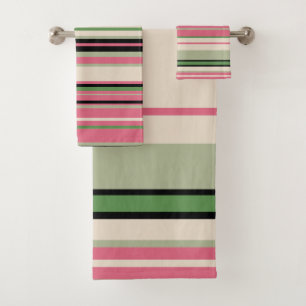 Pink and Green Stripes Mid-Century Modern    Bath Towel Set