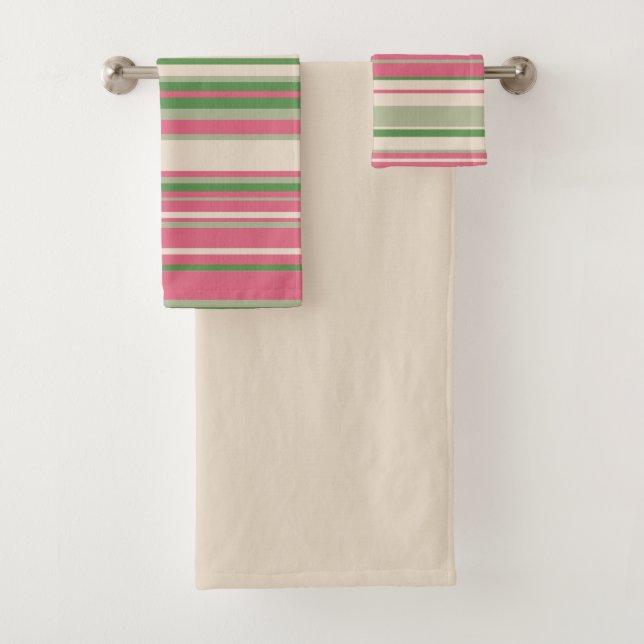 Pink and Green Stripes Mid-Century Modern  Bath Towel Set (Insitu)
