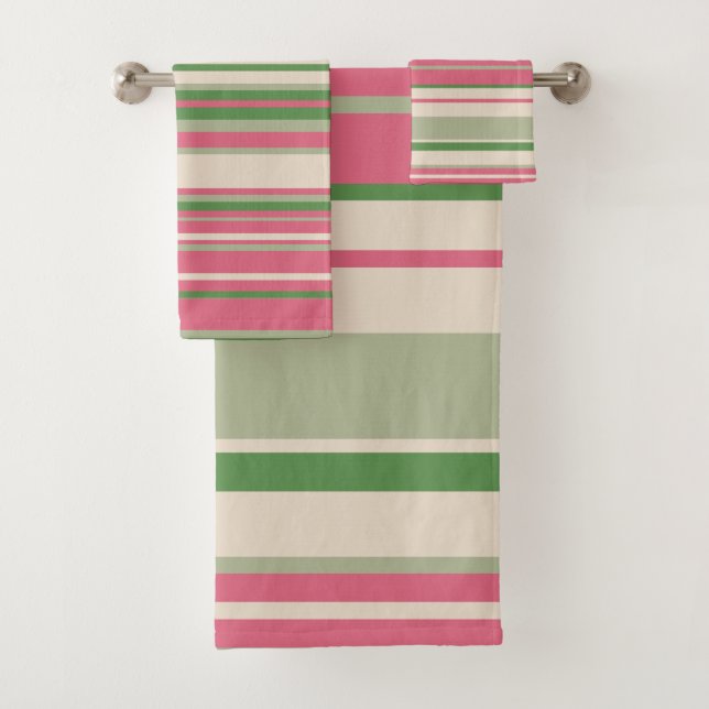 Pink and Green Stripes Mid-Century Modern  Bath Towel Set (Insitu)