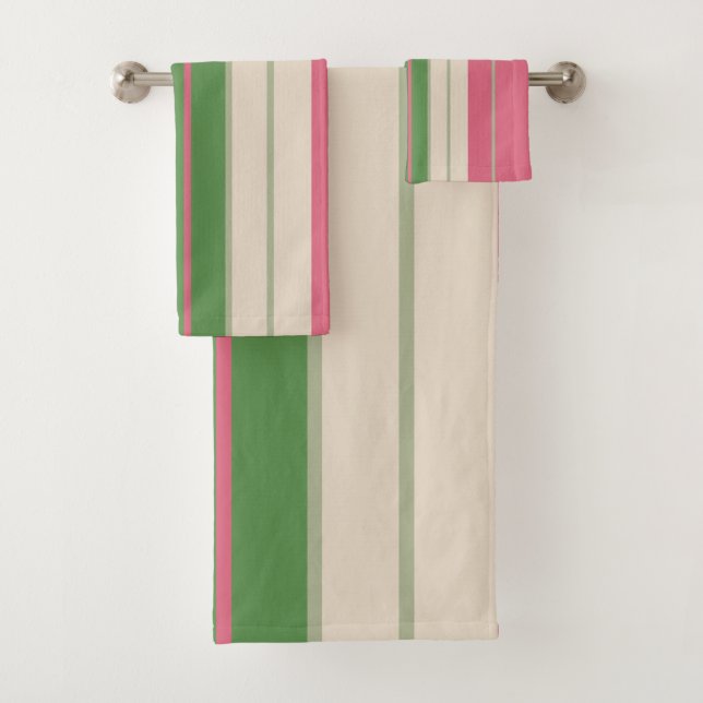 Pink and Green Stripes Mid-Century Modern  Bath Towel Set (Insitu)