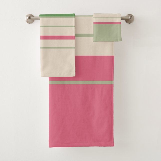Pink and Green Stripes Mid-Century Modern  Bath Towel Set (Insitu)