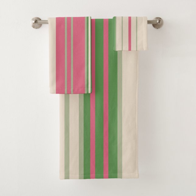 Pink and Green Stripes Mid-Century Modern  Bath Towel Set (Insitu)