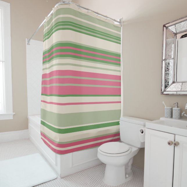 Pink and Green Stripes Mid-Century Modern  Shower Curtain (In Situ)