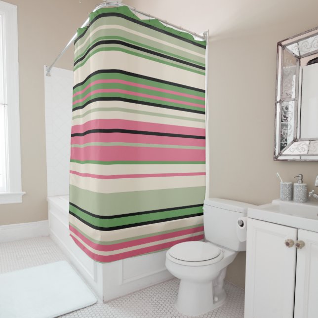 Pink and Green Stripes Mid-Century Modern    Shower Curtain (In Situ)