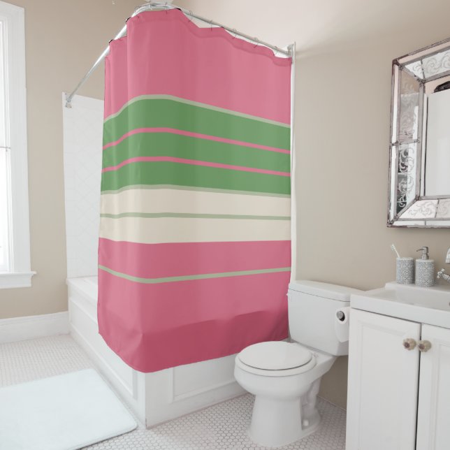 Pink and Green Stripes Mid-Century Modern  Shower Curtain (In Situ)