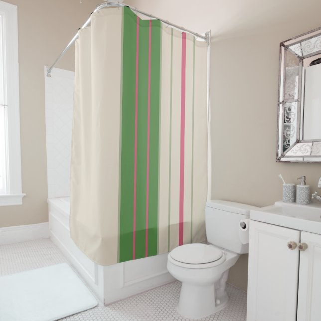 Pink and Green Stripes Mid-Century Modern  Shower Curtain (In Situ)