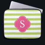 Pink and Green Stripes Monogram Laptop Sleeve<br><div class="desc">Modern and chic horizontal stripes and quatrefoil monogram design.</div>