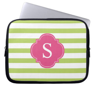 Pink and Green Stripes Monogram Laptop Sleeve