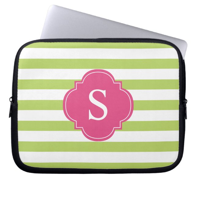 Pink and Green Stripes Monogram Laptop Sleeve (Front)