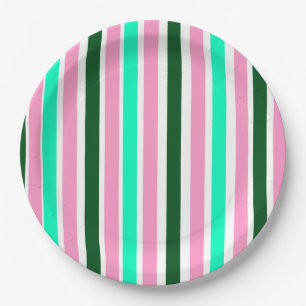Pink and Green Stripes Paper Plate