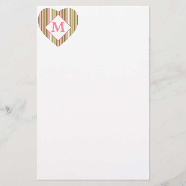 Pink and Green Stripes Personalised Monogram Stationery (Front)