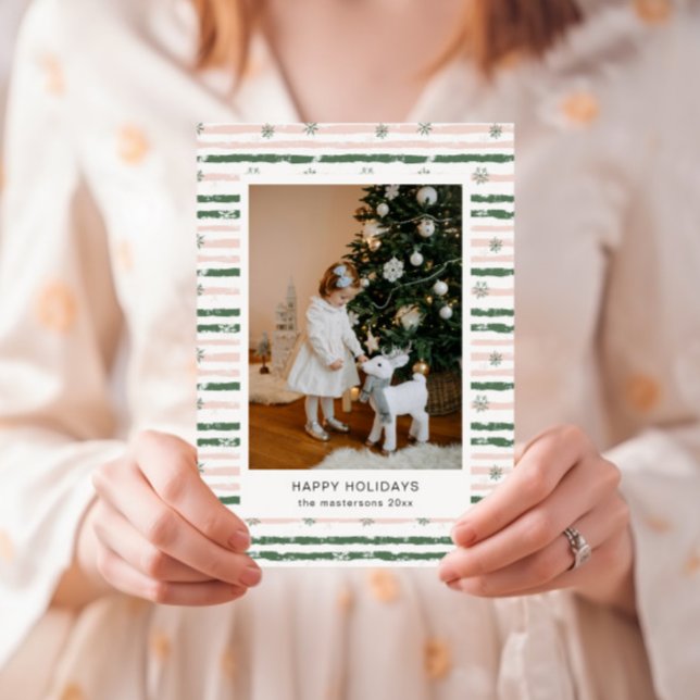 Pink And Green Stripes Photo Holiday Card (Creator Uploaded)