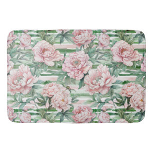 Pink and Green Stripes Watercolor Floral Peony Bath Mat