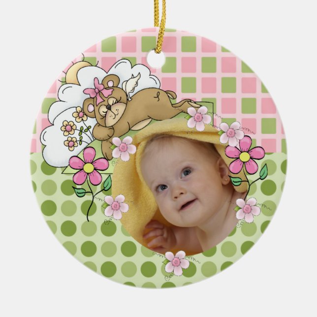 Pink and Green Teddy Bear Baby Ornament (Front)
