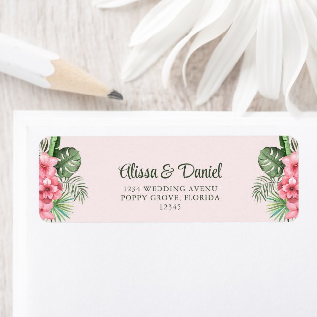 Pink and Green Tropical Flowers Return Address Label (Insitu)
