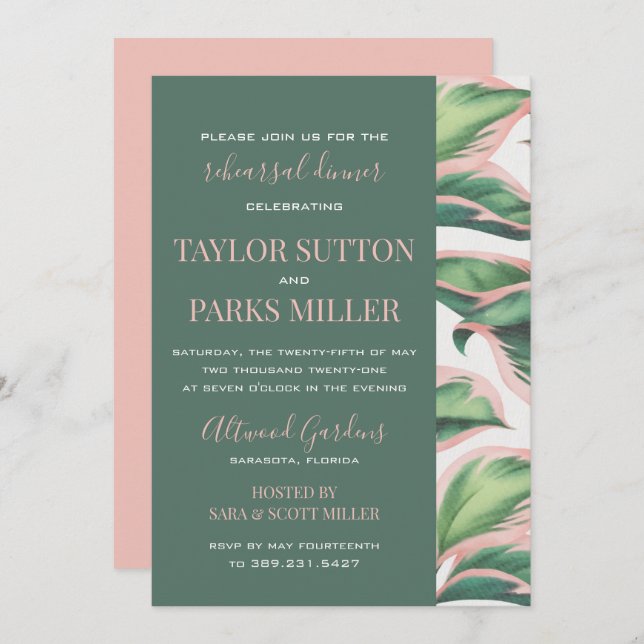 Pink and Green Tropical Foliage Rehearsal Dinner Invitation (Front/Back)