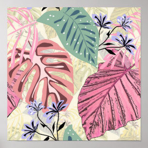 Pink and green tropical leaves, blue flowers. poster
