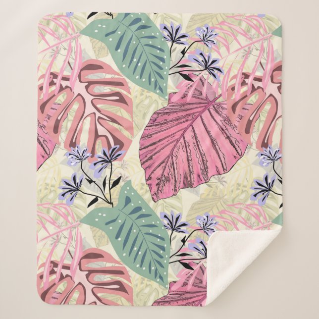 Pink and green tropical leaves, blue flowers. sherpa blanket (Front)