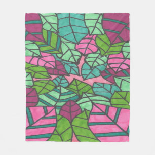 Pink and Green Tropical Leaves  Fleece Blanket