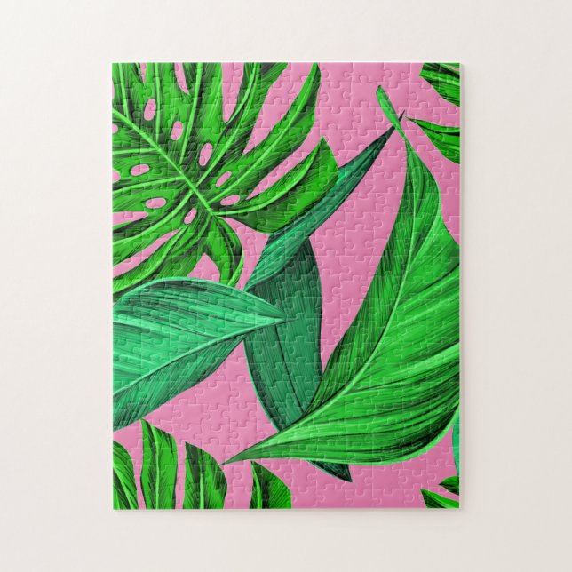 Pink and Green Tropical Leaves Jigsaw Puzzle (Vertical)