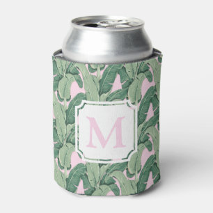 Pink and Green Tropical Leaves Monogram Cabana Can Cooler