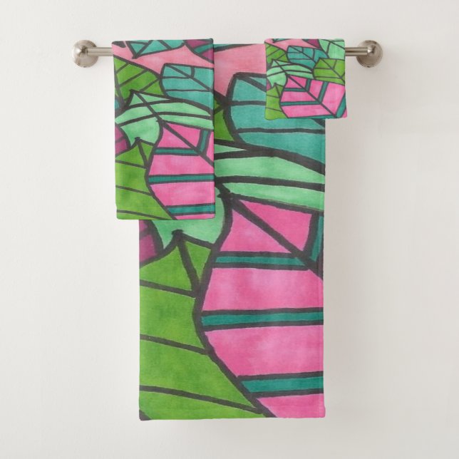 Pink and Green Tropical Leaves Print  Bath Towel Set (Insitu)