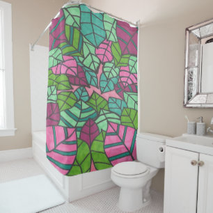 Pink and Green Tropical Leaves Print Shower Curtain