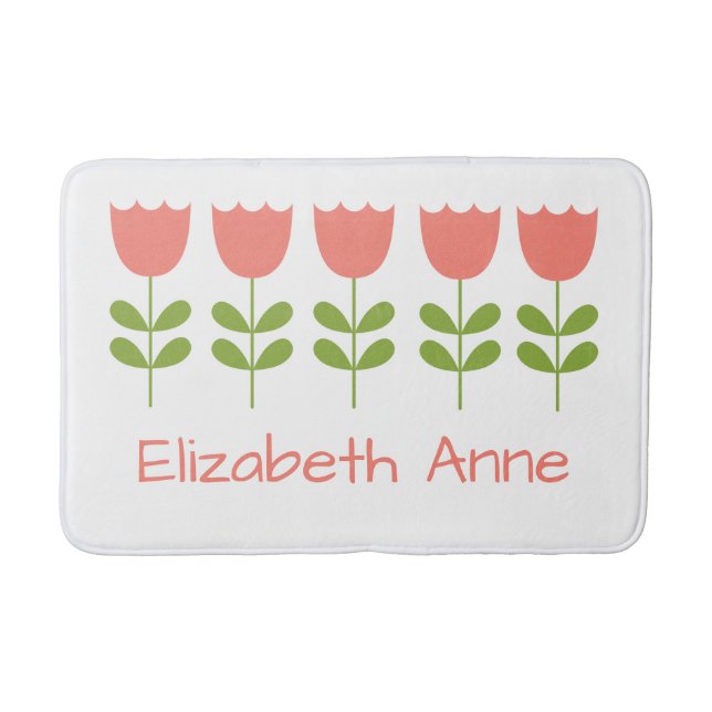 Pink and Green Tulips Personalised Reversible Bath Mat (Front)