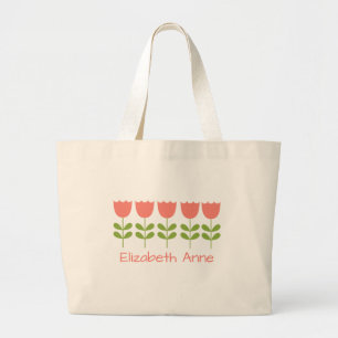 Pink and Green Tulips Personalised Reversible Large Tote Bag